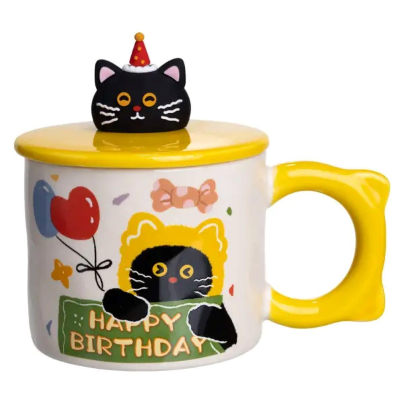 Чашка порцелянова з кришкою Kitten“s Birthday 400 (мл) подарункова кружка прикольна чашка для дітей на подарунок Жовтий FM-24B Чашка порцелянова з кришкою Kitten“s Birthday 400 (мл) подарункова кружка прикольна чашка для дітей на подарунок Жовтий FM-24B