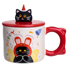 Чашка порцелянова з кришкою Kitten“s Birthday 400 (мл) подарункова кружка прикольна чашка для дітей на подарунок Червоний FM-24D