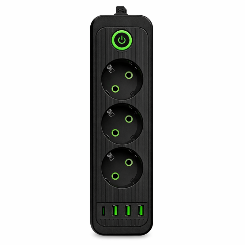 Мережевий фільтр чорний з вимикачем 3 розетки 3хUSB-A 1xUSB-C 3м HP-5-34