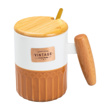 Чашка порцелянова Vintage 400 мл із бамбуковою кришкою і ложкою кухоль для чаю кави подарункова для дому офісу Жовтогаряча з білим