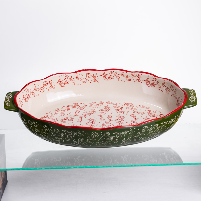 Форма для запікання Vintage 40×25×6.5 см овальна зелена фарфорова з ручками Yiwu HM05-04